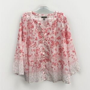 Style & Co Blouse Top Pink Floral Button Front Tunic Pleated 2X 100% Cotton Boho